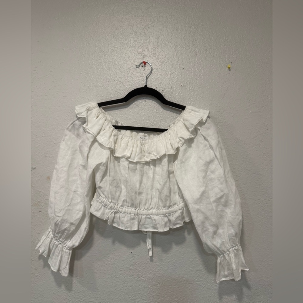 DISSH White 100% Linen Off Shoulder Ruffle Crop Blouse Peasant Top Sz AU 6 US 2